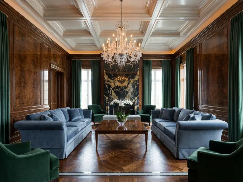Ultra-luxury grand salon with burr walnut lacquered panelling, circadian amber lighting, rock-crystal chandelier and forest green silk velvet — Beverly Hills Luxury Interiors biohacking home design