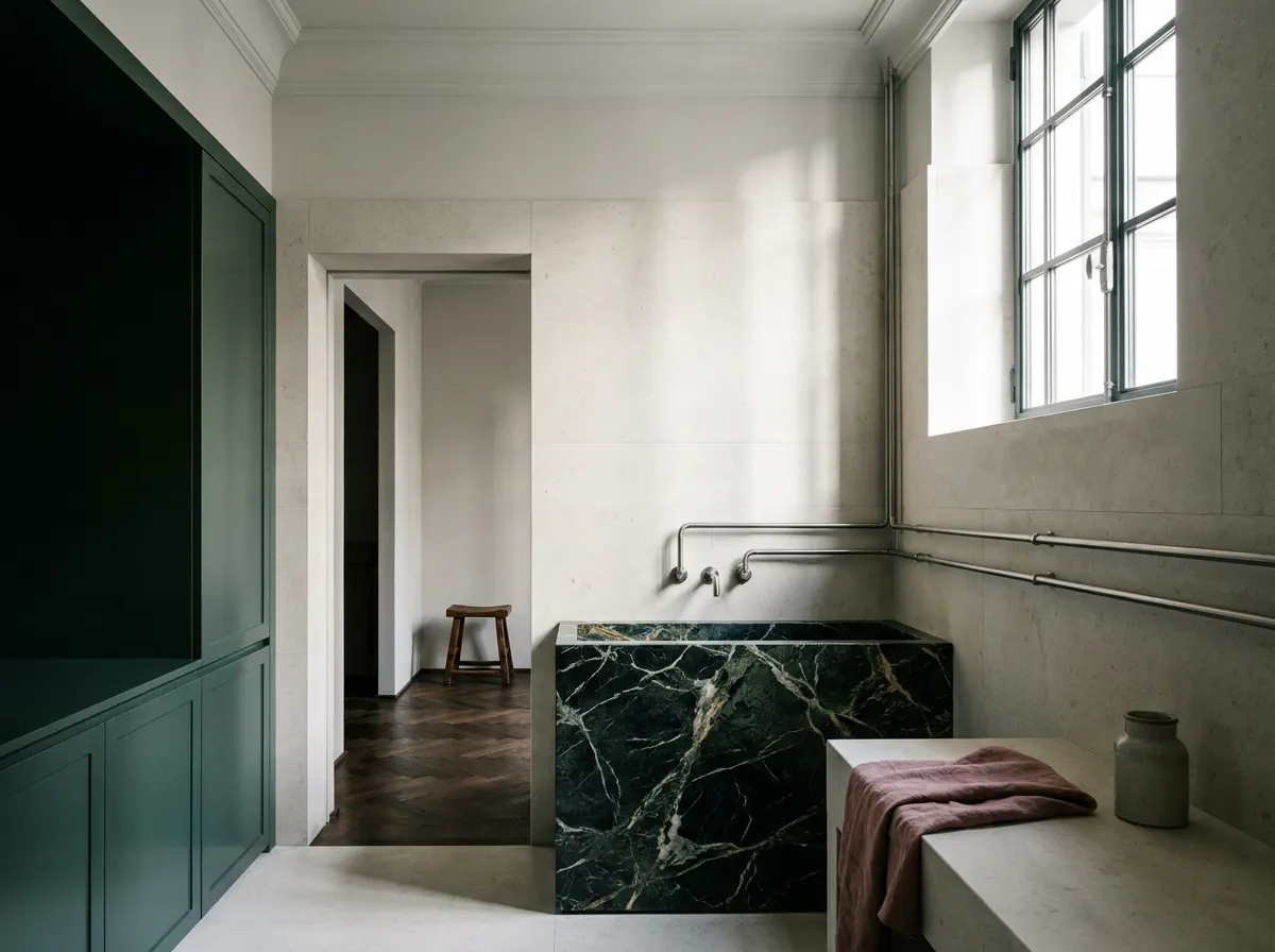 Whole house water filtration and HEPA air purification expressed architecturally — a celadon and honed limestone bathing room with exposed stainless plumbing runs and heavily veined green marble, specified by Beverly Hills Luxury Interiors