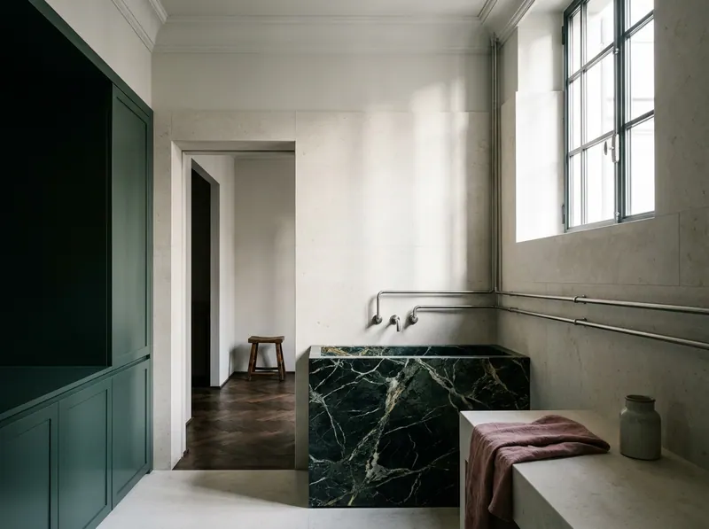 Whole house water filtration and HEPA air purification expressed architecturally — a celadon and honed limestone bathing room with exposed stainless plumbing runs and heavily veined green marble, specified by Beverly Hills Luxury Interiors