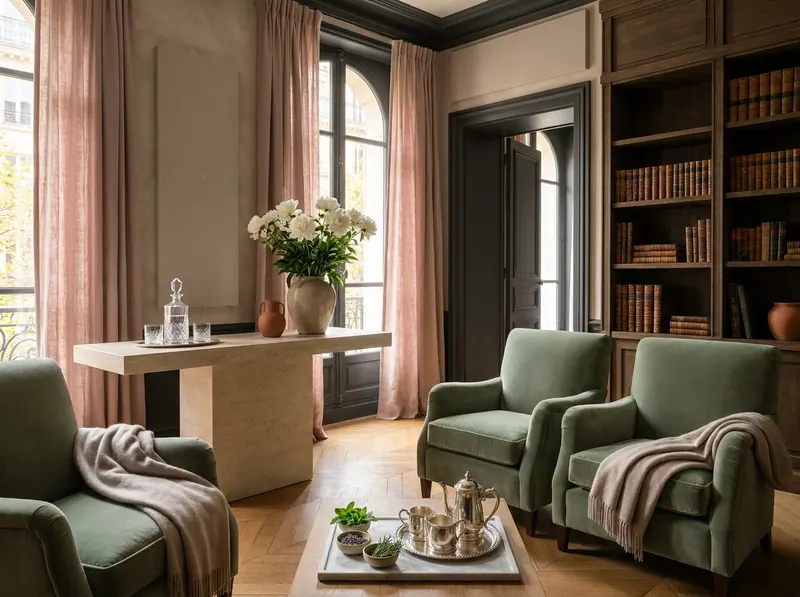 Ultra-luxury sitting room designed for the Five Senses — sage green velvet, crystal water carafe, white peonies, natural stone and linen — Beverly Hills Luxury Interiors