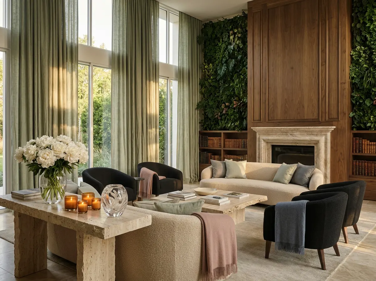 Ultra-luxury sitting room with sage linen drapes, crystal glass object, white peonies, and layered natural textures — Five Senses Framework by Beverly Hills Luxury Interiors