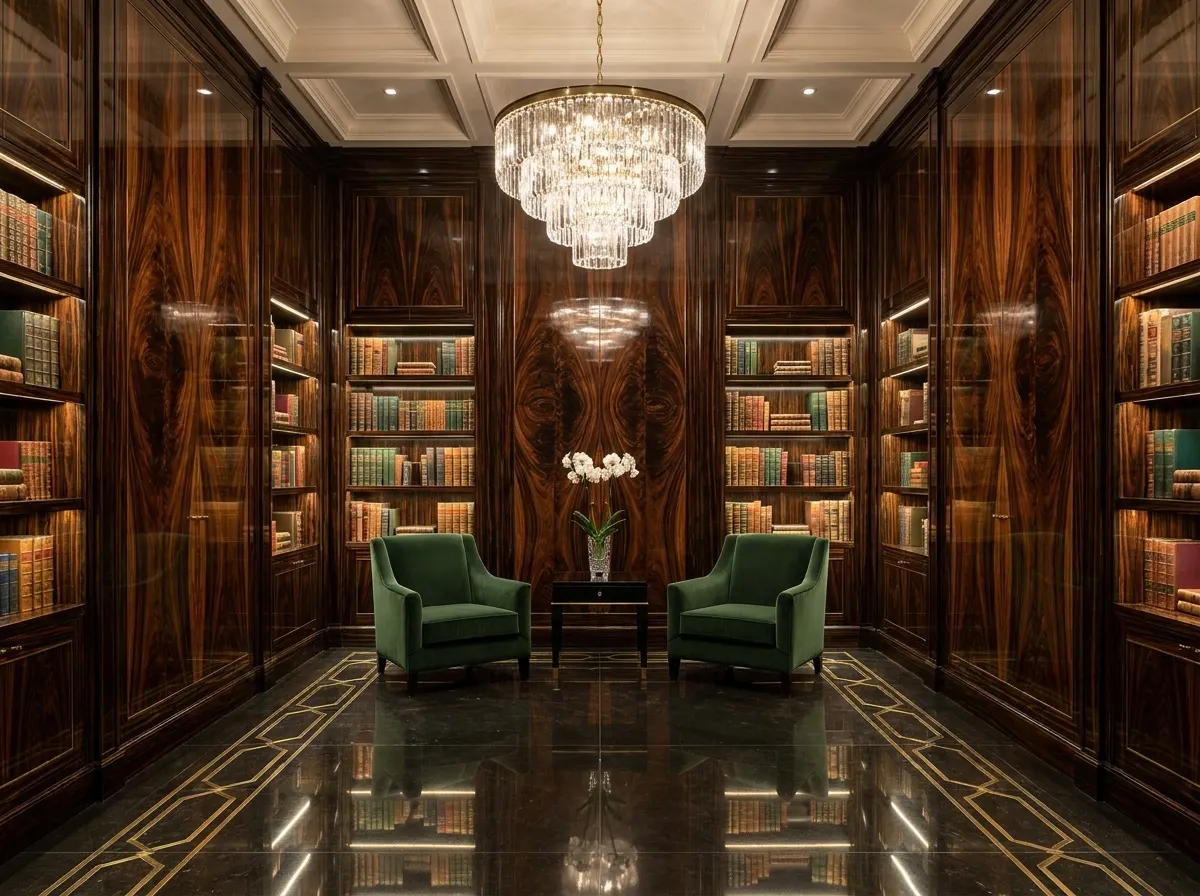 Palatial private library with macassar ebony lacquered panelling, deep forest green silk velvet chairs, rock-crystal chandelier, pristine white orchids — Beverly Hills Luxury Interiors Pharisas longevity home design