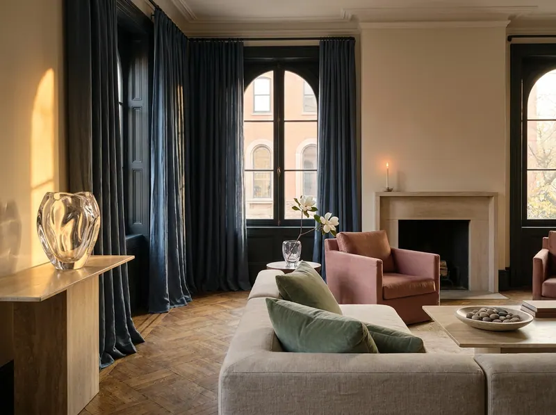 Ultra-luxury living room embodying the Four Elements — crystal vase, stone plinth, slate blue drapes, amber candlelight — Beverly Hills Luxury Interiors