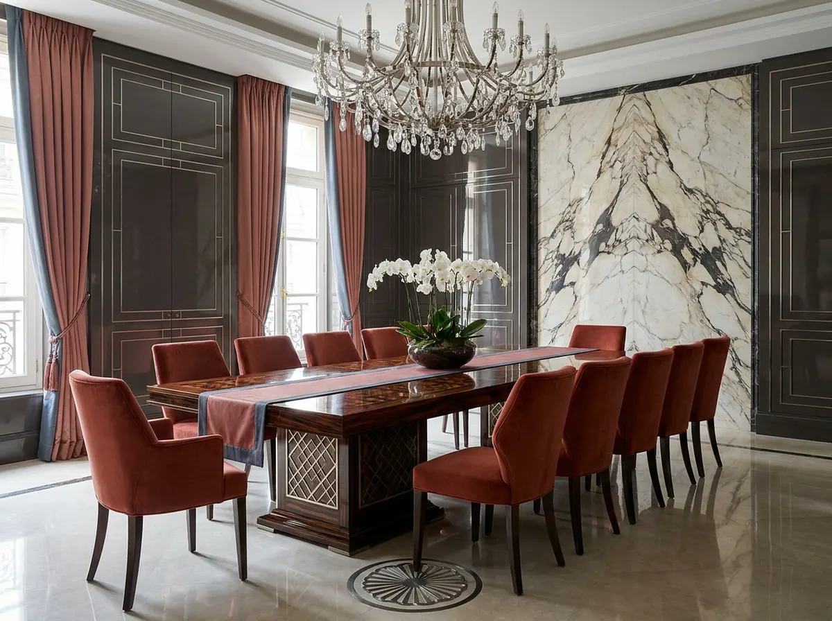 Ultra-luxury formal dining room with rosewood and macassar ebony marquetry table, lacquered charcoal panelling, rock-crystal chandelier, silk velvet chairs in terracotta — Beverly Hills Luxury Interiors East-meets-West design