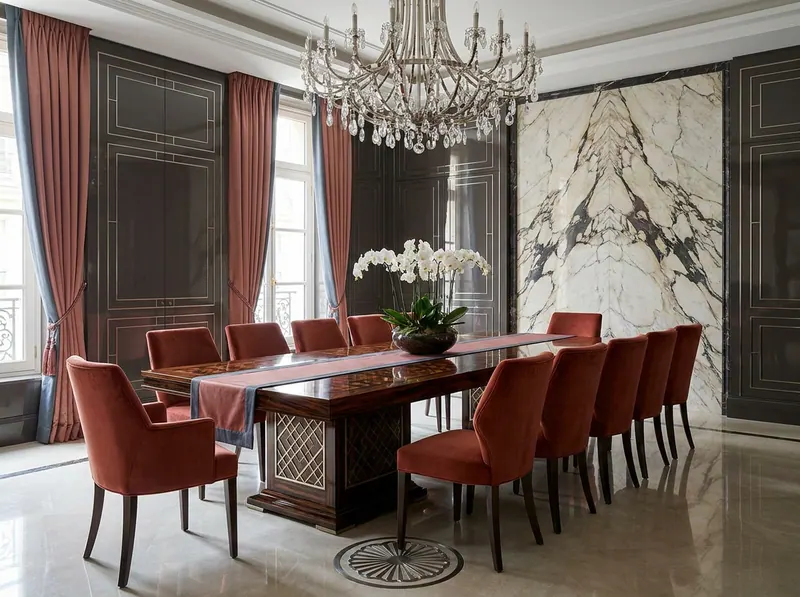 Ultra-luxury formal dining room with rosewood and macassar ebony marquetry table, lacquered charcoal panelling, rock-crystal chandelier and silk velvet chairs in terracotta — Beverly Hills Luxury Interiors East-meets-West design