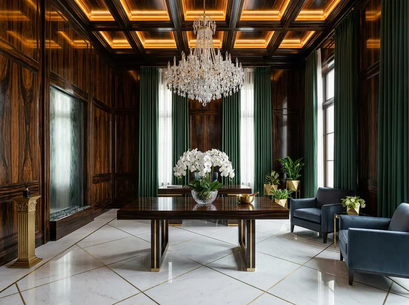 Grand library with macassar ebony book-matched panelling, slate blue silk velvet armchairs, rock-crystal chandelier, mirror-polished marble floor with brass inlay — Beverly Hills Luxury Interiors Five Senses luxury blueprint