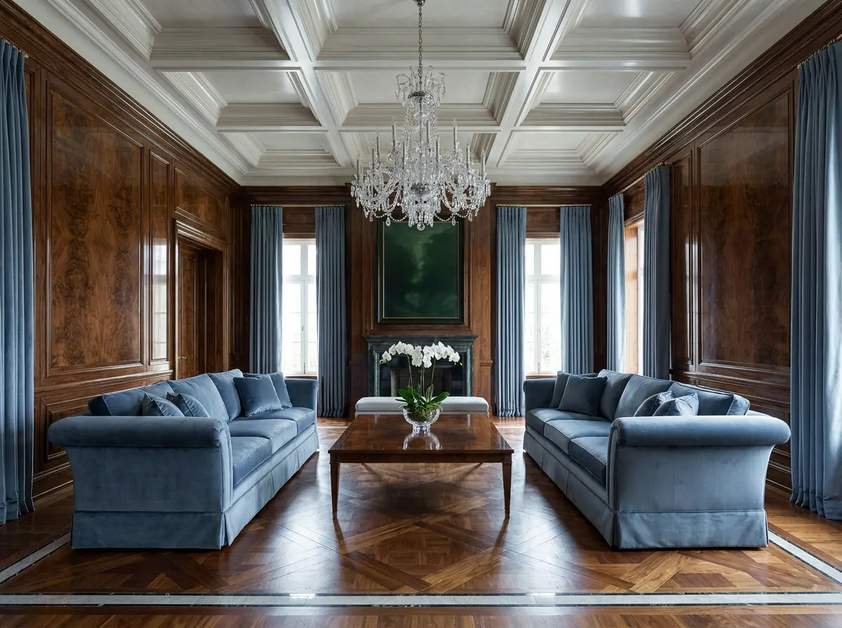 Ultra-luxury grand salon with burr walnut lacquered panelling, slate blue silk velvet upholstery, crystal chandelier, parquet de Versailles floor, pristine white orchids — Beverly Hills Luxury Interiors quiet luxury interior design