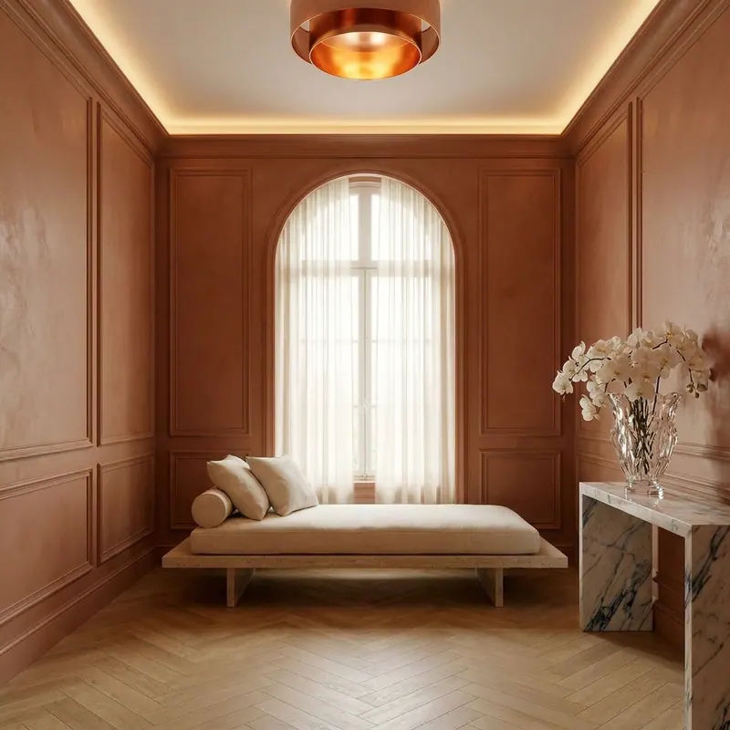 Ultra-luxury EBOO wellness recovery treatment room, terracotta plaster walls, ivory linen daybed, clear crystal vase with white orchids, copper ceiling fixture — EBOO longevity home design by Beverly Hills Luxury Interiors