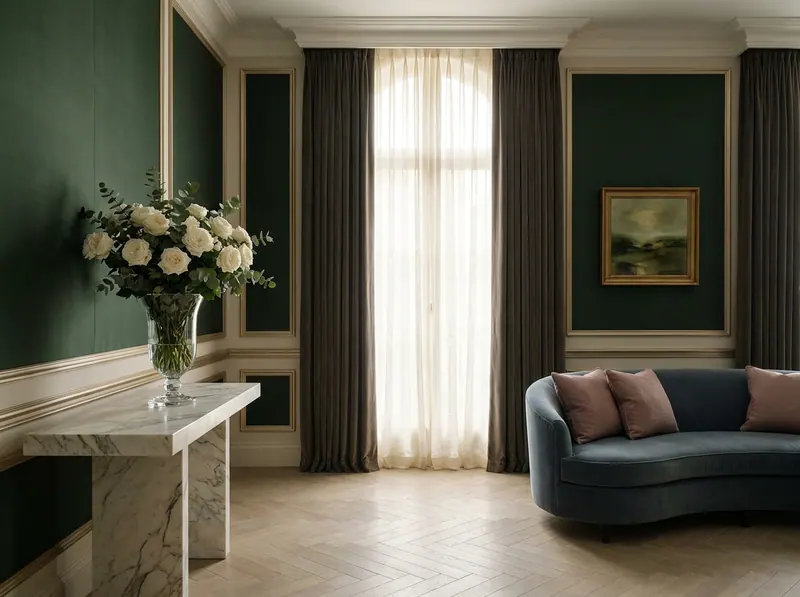 Ultra-luxury salon interior — forest green silk-panelled walls, Calacatta marble console, crystal glass vase with white garden roses, slate blue velvet sofa with dusty rose cushions, limestone herringbone floor — Quiet Luxury design by Beverly Hills Luxury Interiors