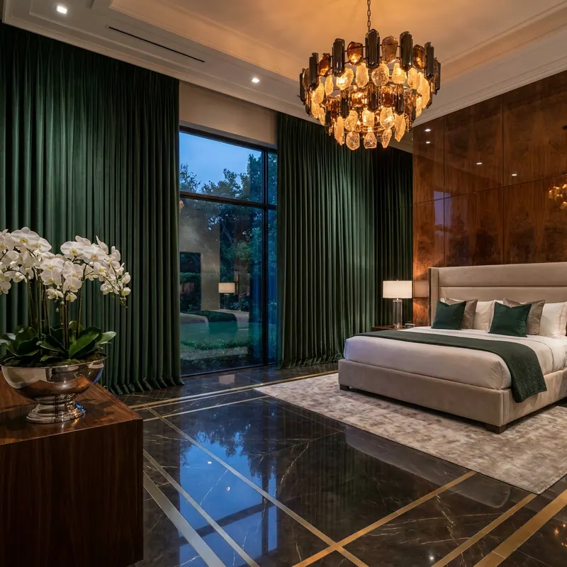 Ultra-luxury master bedroom with deep forest green silk velvet drapery, book-matched burr walnut panelling, rock-crystal chandelier casting warm amber circadian light, mirror-polished dark stone floor with brass inlay, pristine white orchids — Beverly Hills Luxury Interiors circadian light architecture
