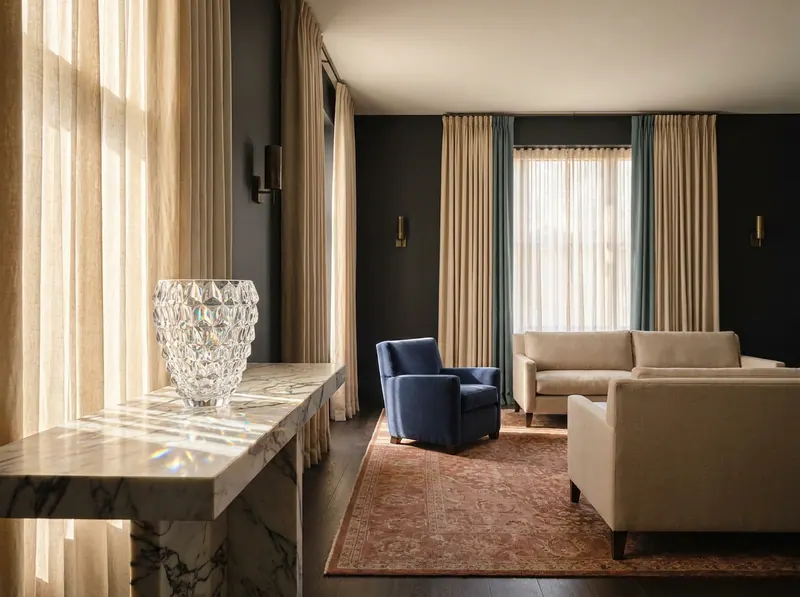 Ultra-luxury interior with prominent Lalique crystal vase — Pharisas blood filtration and longevity home design by Beverly Hills Luxury Interiors