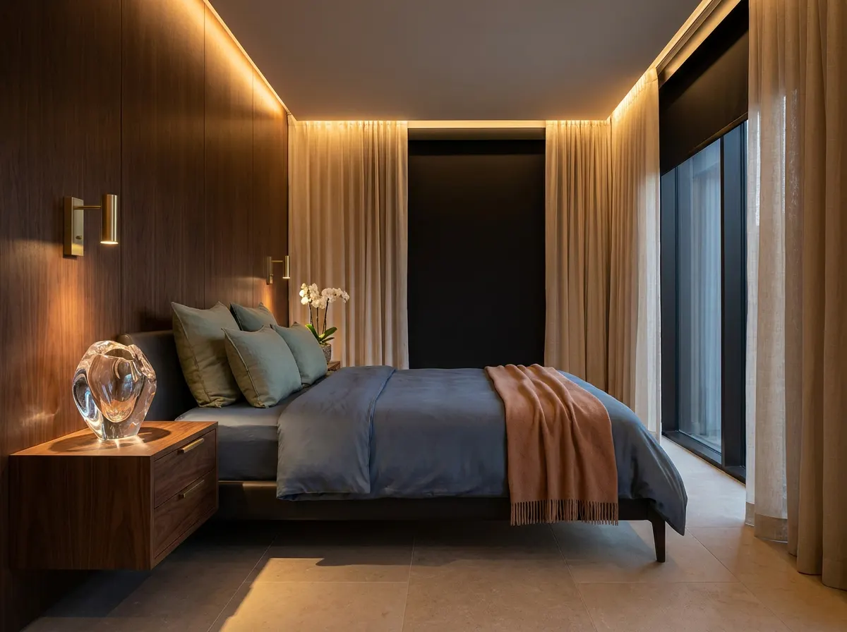Ultra-luxury longevity master bedroom, dusty rose linen headboard, deep forest green botanical-print wall panels, warm charcoal oak herringbone floor, amber tunable sconces, linen bedding — Six Invisible Forces by Beverly Hills Luxury Interiors