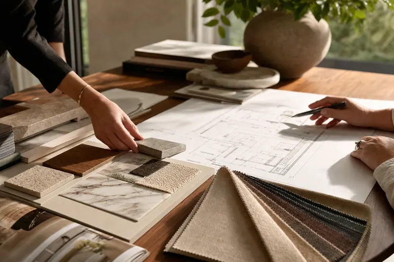 An interior design consultation with architectural blueprints and natural material samples on a walnut table