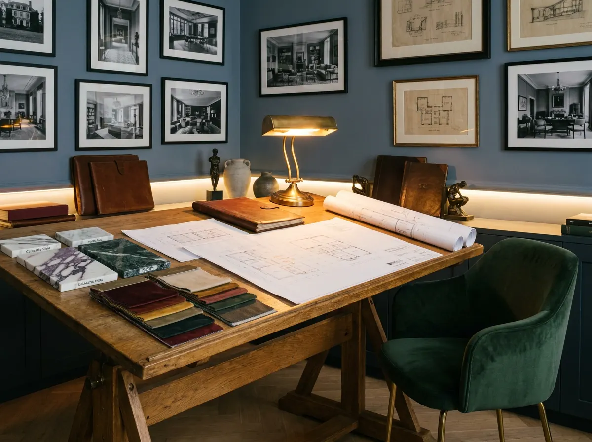 ÖND luxury design atelier with architectural drawings and natural material samples from 25 years of wellness design