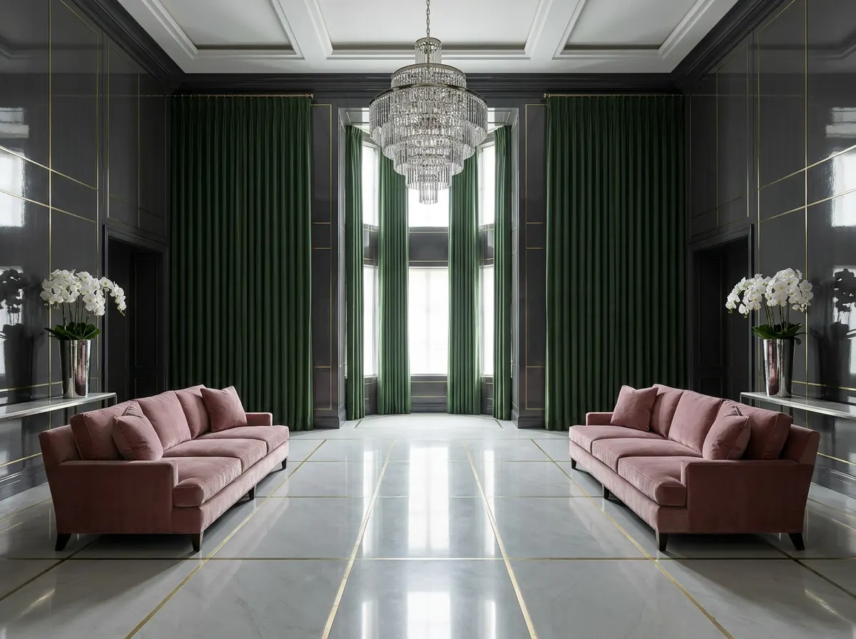 Grand double-height drawing room with deep forest green silk velvet drapery, high-gloss charcoal lacquered panelling, rock-crystal chandelier, and mirror-polished stone floor with brass inlay — Beverly Hills Luxury Interiors Quiet Luxury international standard