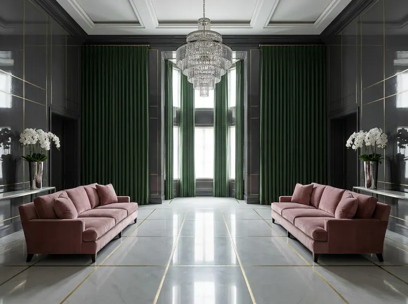 Grand double-height drawing room with deep forest green silk velvet drapery, high-gloss charcoal lacquered panelling, rock-crystal chandelier and mirror-polished stone floor with brass inlay — Beverly Hills Luxury Interiors Quiet Luxury design