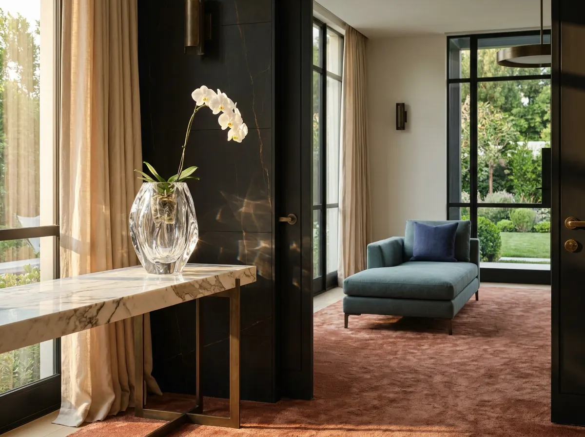 Ultra-luxury interior with prominent Lalique crystal vase — biohacking by design and longevity home by Beverly Hills Luxury Interiors