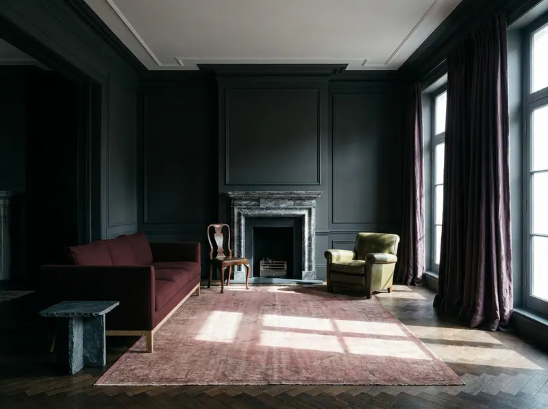 Drawing room specified in oxblood wool and horsehair upholstery, raw linen and bare oak parquet — reducing microplastic exposure and how to remove microplastics from body through material purity