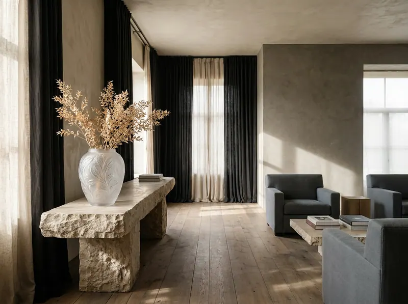 Natural material luxury sanctuary with Lalique crystal vase
