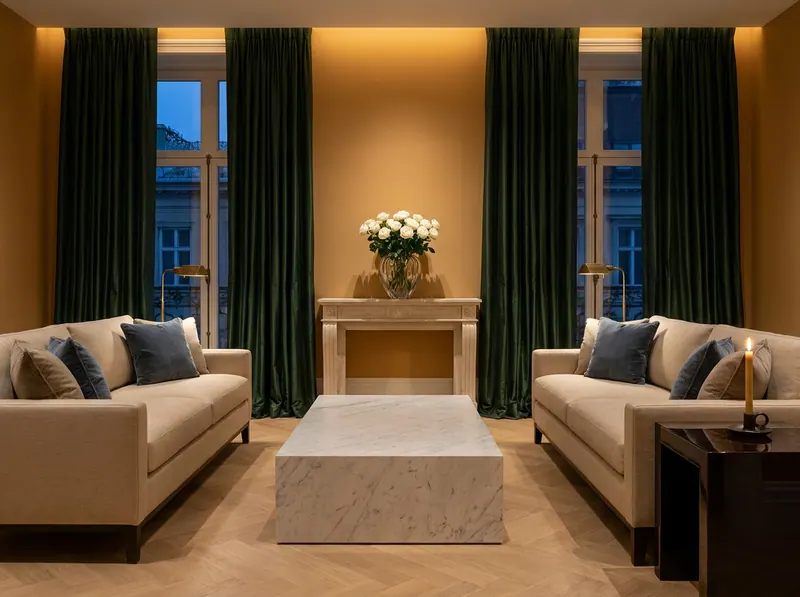 Ultra-luxury sitting room embodying the Five Senses Framework — deep forest green silk curtains, champagne linen sofas, hand-blown crystal vase with white roses on limestone console, amber cove lighting — Five Senses design by Beverly Hills Luxury Interiors