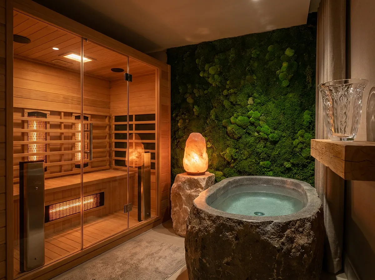 ÖND private infrared sauna recovery suite — hemlock wood, cold plunge stone tub, Himalayan salt lamp, living moss wall, Lalique crystal