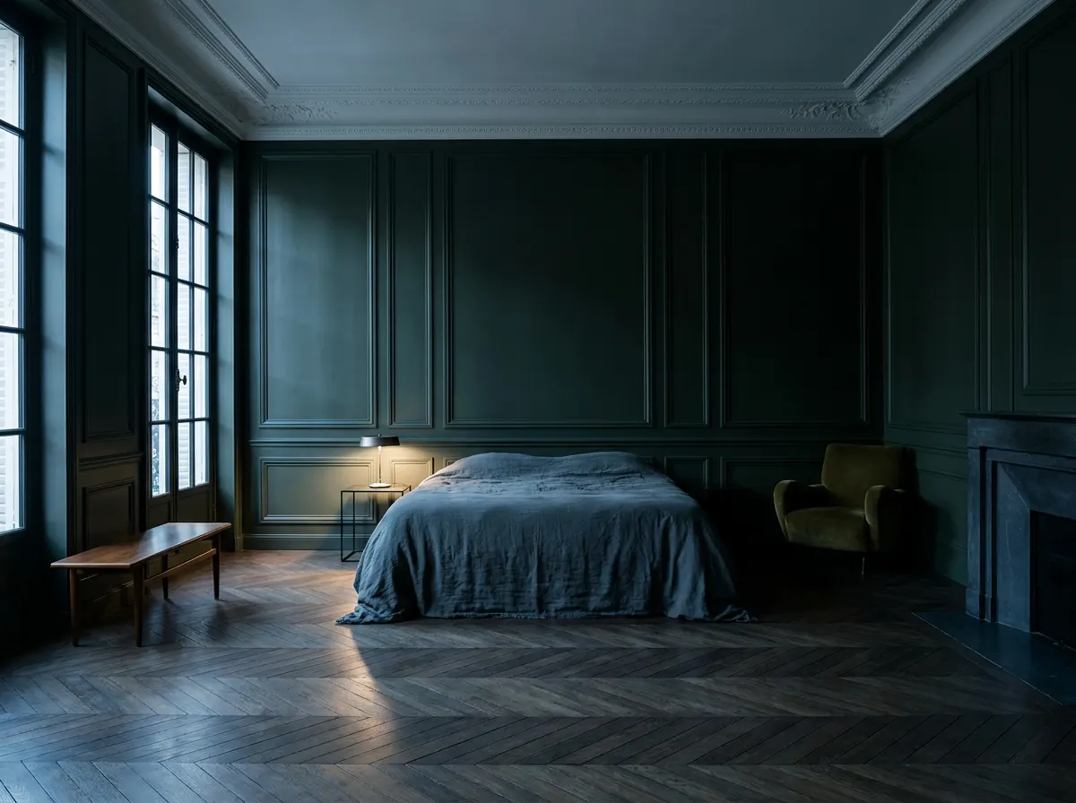 Circadian lighting in a principal bedroom at dusk — deep forest green boiserie, cool twilight through steel casements and a single shielded low-level lamp, specified by Beverly Hills Luxury Interiors