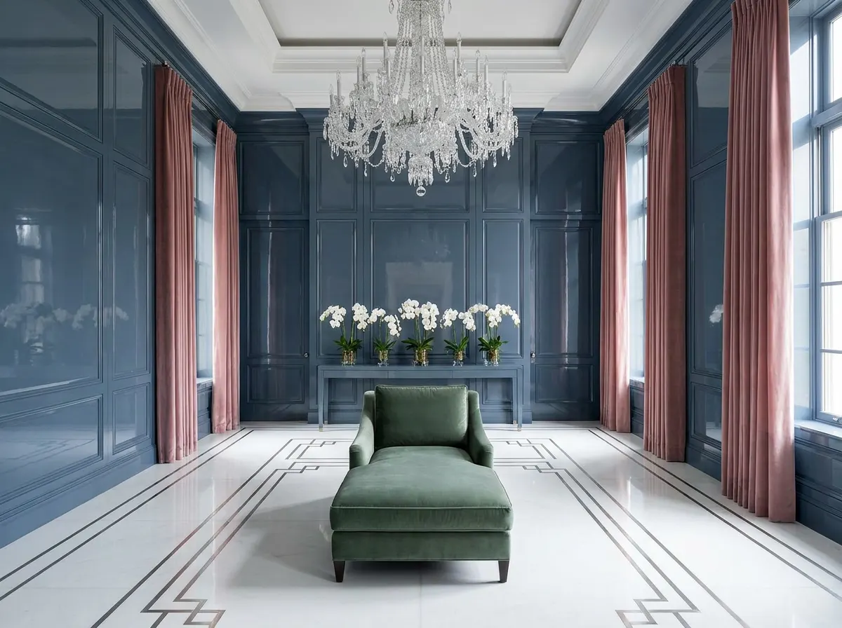 Ultra-luxury residential spa suite with high-gloss slate blue lacquered panelling, floor-to-ceiling dusty rose silk velvet curtains, rock-crystal chandelier, sage green silk velvet chaise, pristine white orchids — Beverly Hills Luxury Interiors EBOO wellness design