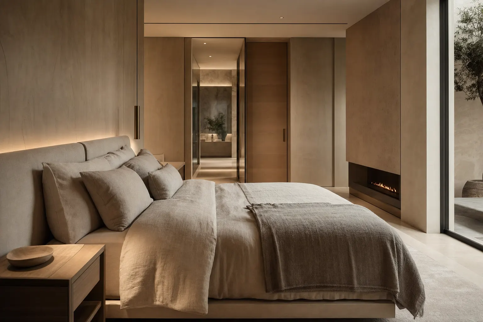 A serene luxury primary bedroom designed for electromagnetic quiet, with no visible cables or electronics and calm neutral natural materials