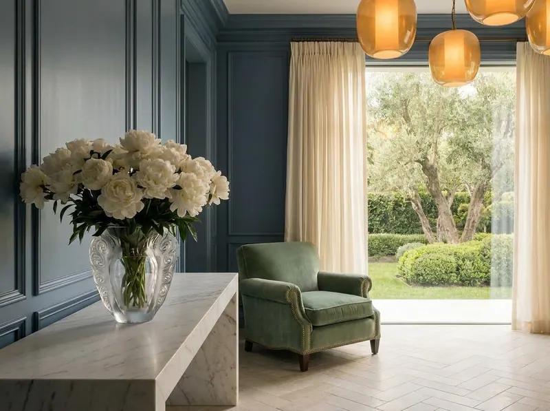 Ultra-luxury quiet luxury interior — slate blue panelled walls, prominent Lalique crystal vase with white garden roses on honed marble console, sage green velvet armchair, herringbone limestone floor — Longevity Home design by Beverly Hills Luxury Interiors