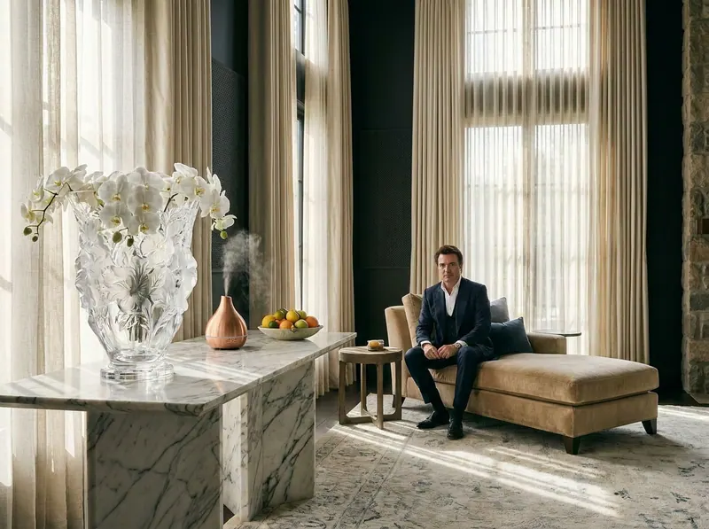 Ultra-luxury interior with prominent Lalique crystal vase — five senses longevity home design by Beverly Hills Luxury Interiors