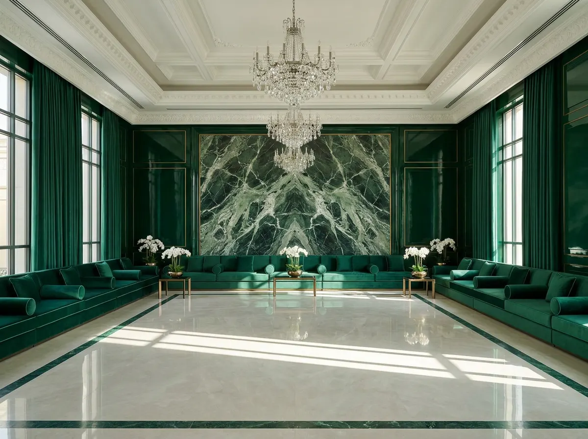 Palace interior design — emerald and forest green majlis reception hall in a royal residence with book-matched Verde Alpi marble, mirror-polished stone floor and rock-crystal chandeliers, by Beverly Hills Luxury Interiors