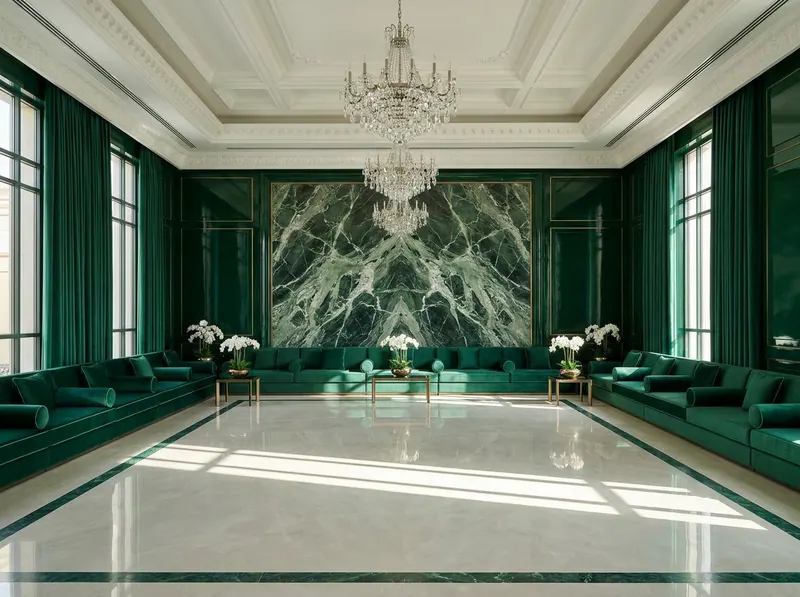 Palace interior design — emerald and forest green majlis reception hall in a royal residence with book-matched Verde Alpi marble, mirror-polished stone floor and rock-crystal chandeliers, by Beverly Hills Luxury Interiors