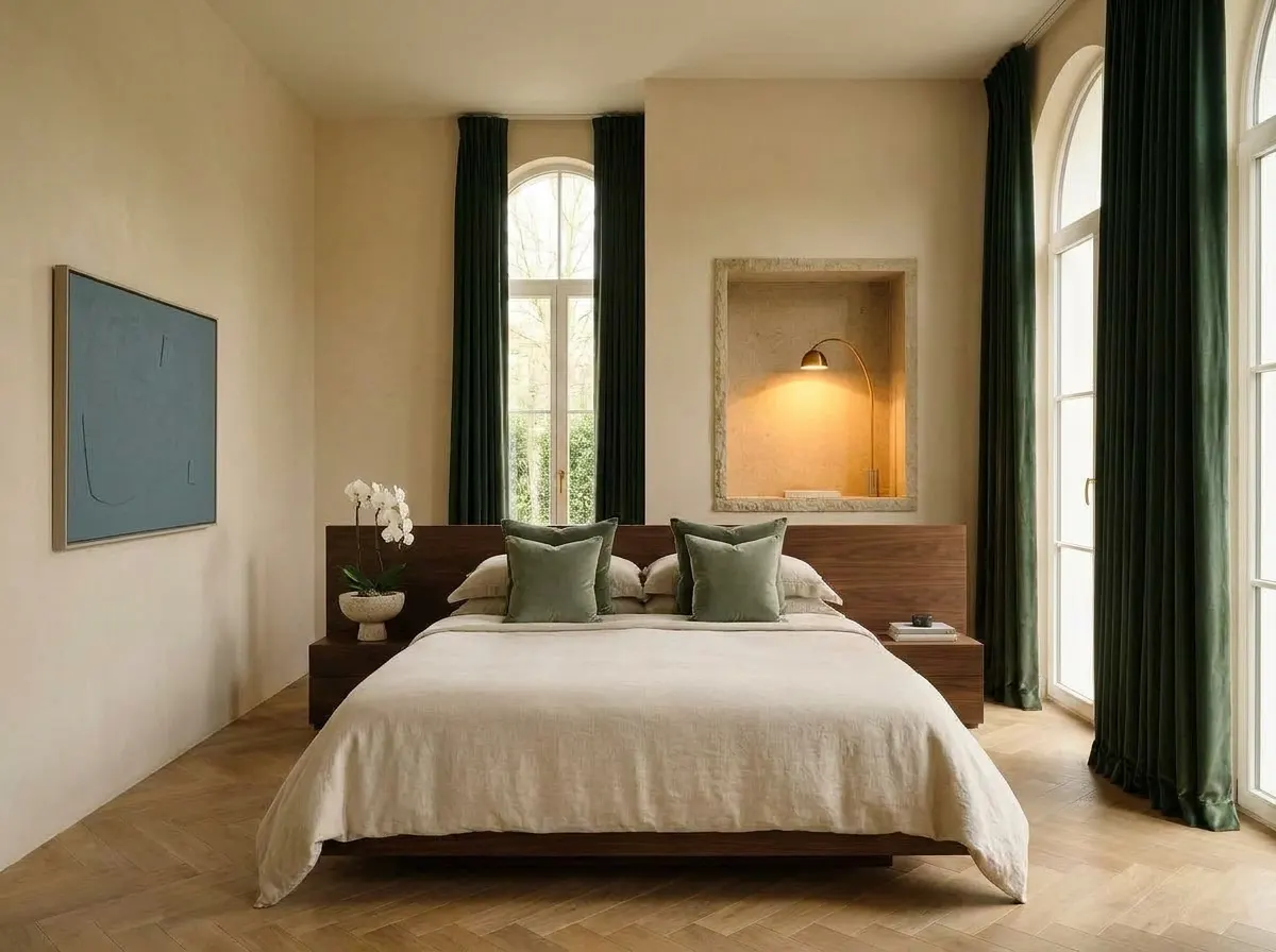 Ultra-luxury bedroom retreat with deep forest green drapes, amber tunable lighting, natural linen — biohacking home six pillars of longevity by Beverly Hills Luxury Interiors