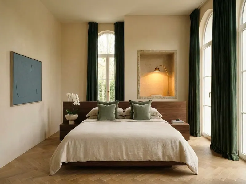 Ultra-luxury bedroom retreat with deep forest green drapes, amber tunable lighting, natural linen — Beverly Hills Luxury Interiors biohacking home design