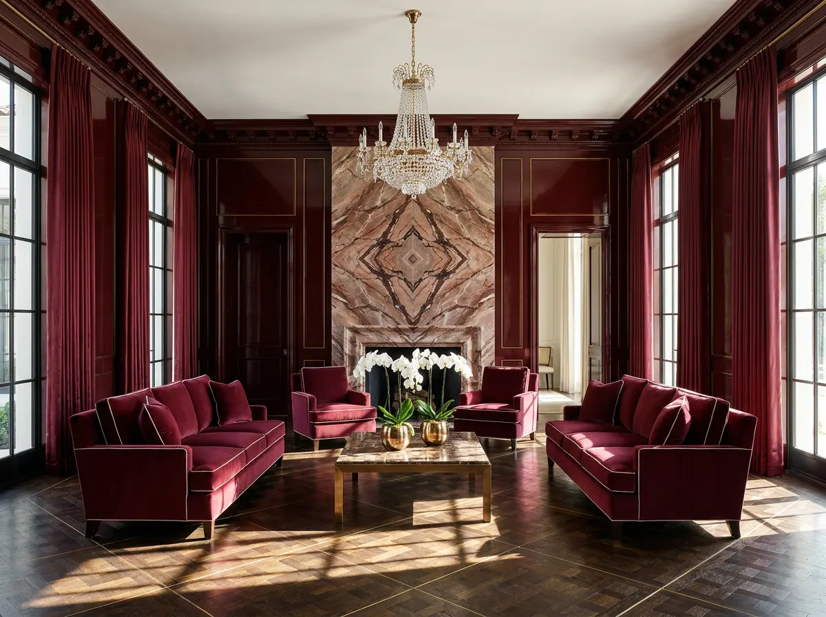 Luxury interior designer commission — grand oxblood lacquered drawing room in a Beverly Hills estate with book-matched Rosso Levanto marble chimneypiece, rock-crystal chandelier and burgundy silk velvet seating, by Beverly Hills Luxury Interiors