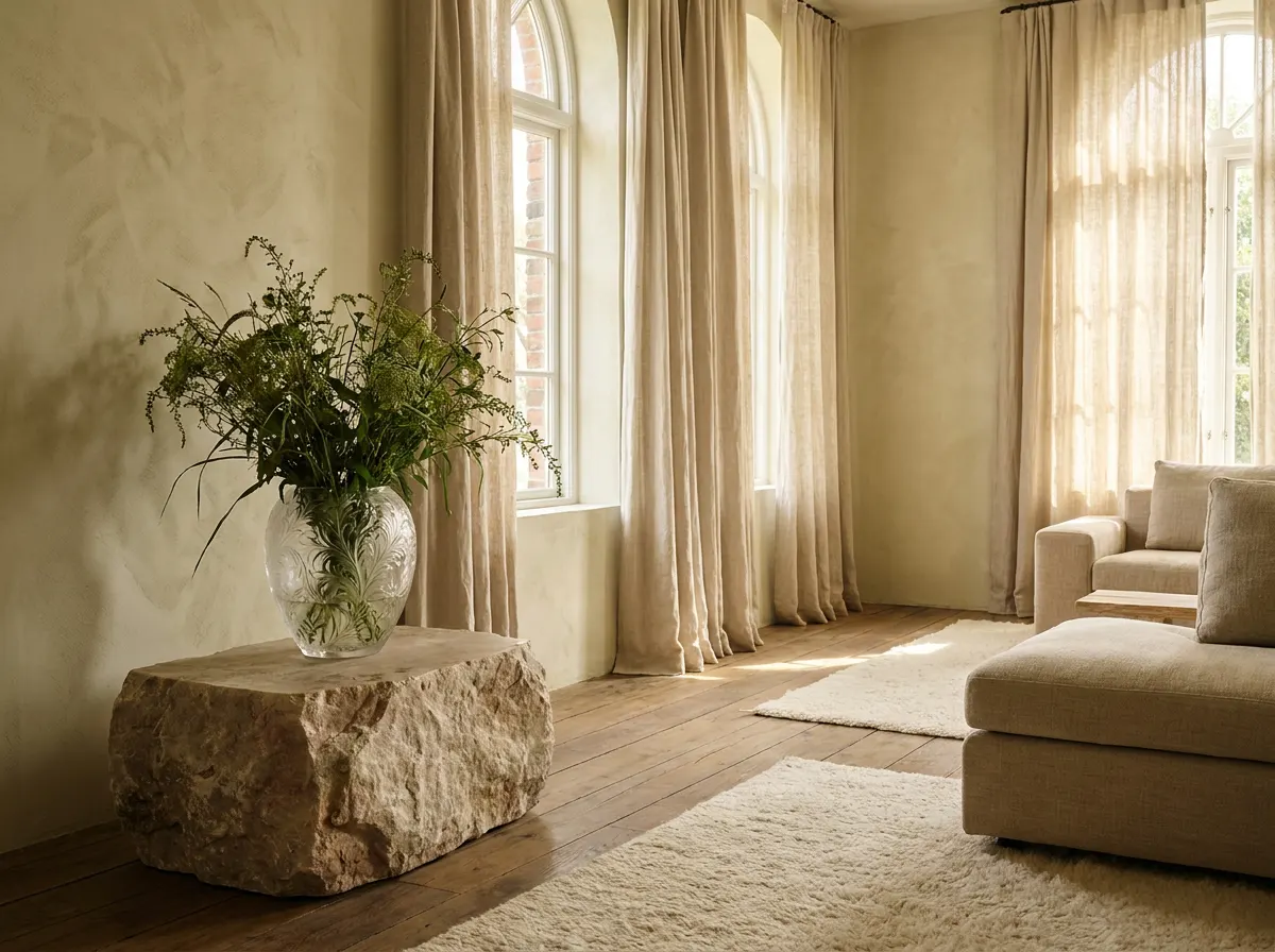 Natural material luxury sanctuary with Lalique crystal vase
