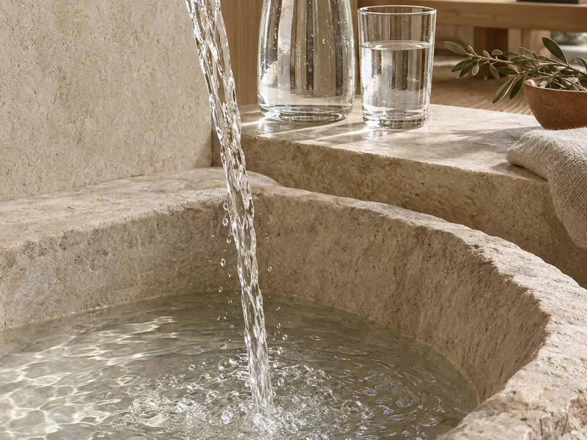 Water as luxury utility — pure water pouring from a brass spout into a carved stone basin