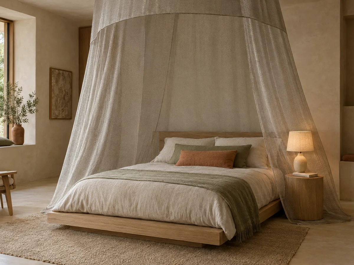 Electromagnetic quiet — a device-free bed beneath a woven silver-mesh shielding canopy