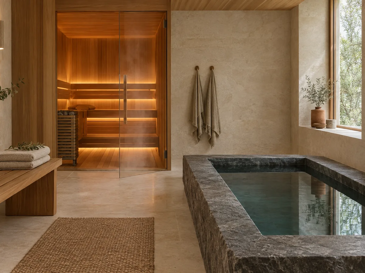Thermal comfort and contrast therapy — cedar sauna beside a natural-stone cold plunge pool