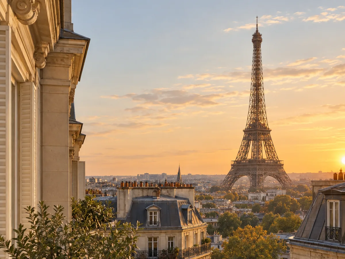 The Eiffel Tower at golden hour from a Haussmann balcony in Paris