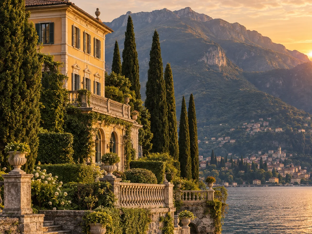 Historic villa with cypress gardens on the shore of Lake Como, Italy