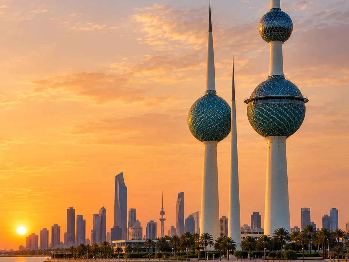 Kuwait Towers rising over Kuwait City at sunset
