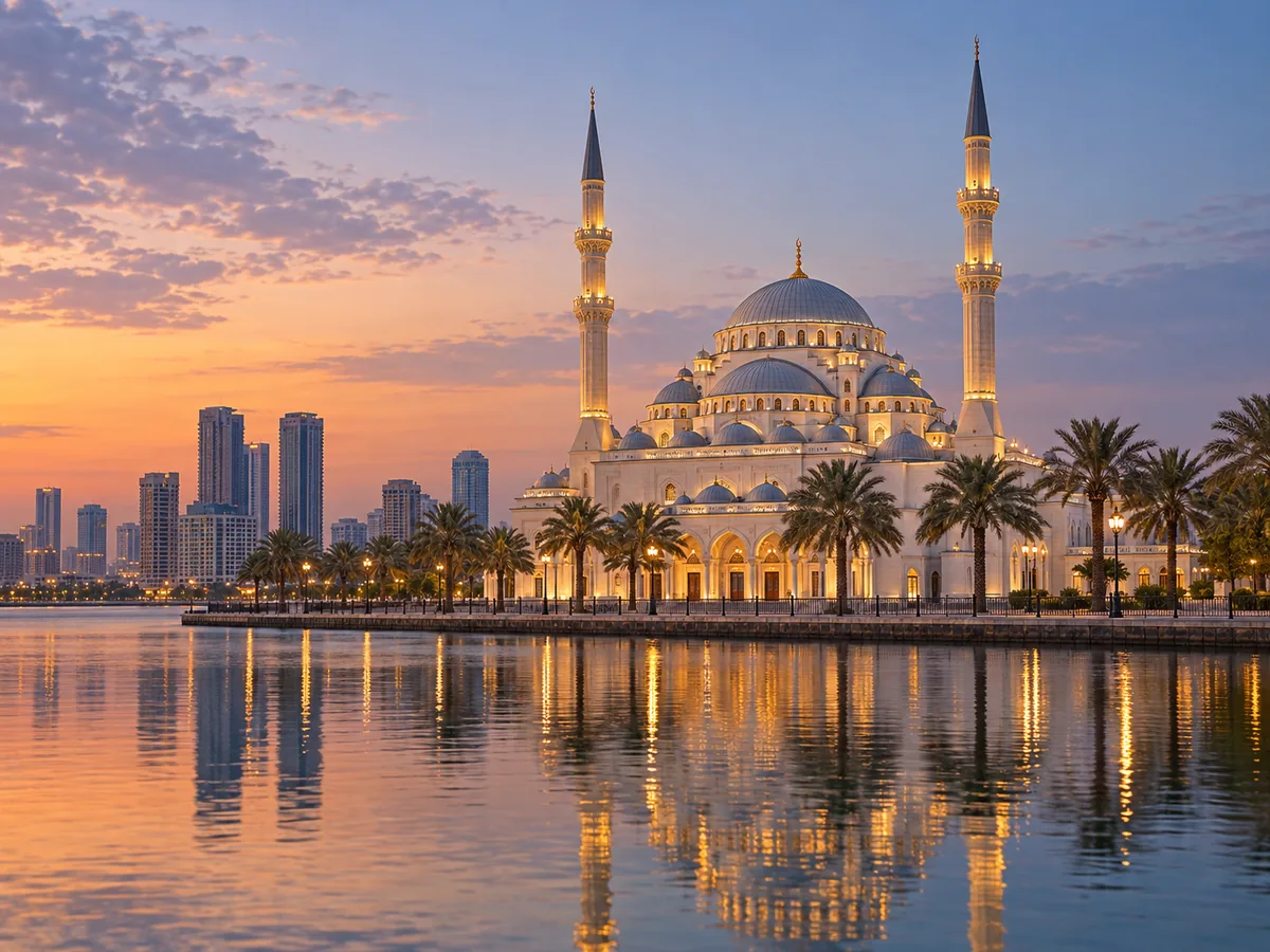 Al Noor Mosque on Khalid Lagoon, Sharjah, softly lit at dusk